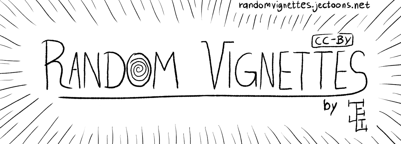 Banner with the logo for Random Vignettes. It has those letter written in an eclectic style, and it also says 'CC-BY', 'randomvignettes.jectoons.net' and 'by JECT'