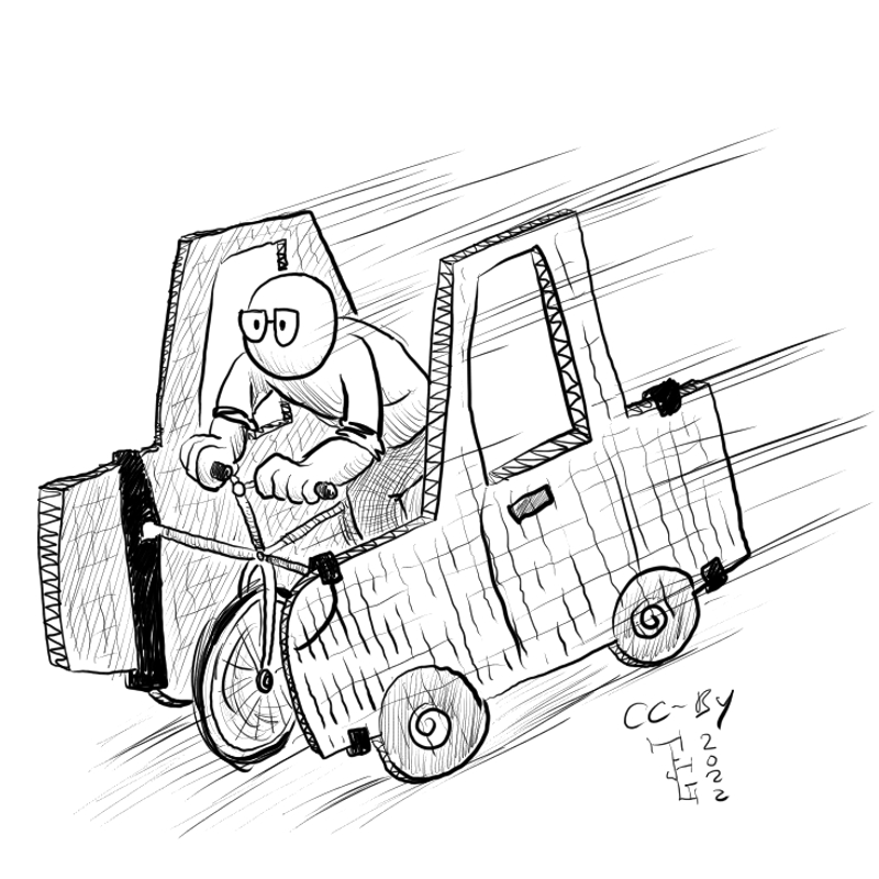 In this cartoon a person rides a bike while using a cardboard car facade to trick other cars into thinking its a car so that they don't brutalize its flesh body.