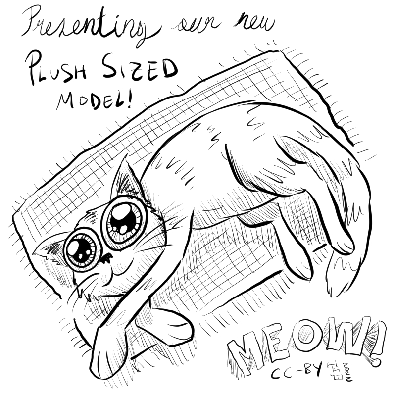 In this cartoon there's a cat with huge eyes laying and looking at the reader. There's a text on top of the cat that says 'Presenting our new Plush Sized Model! Meow!'