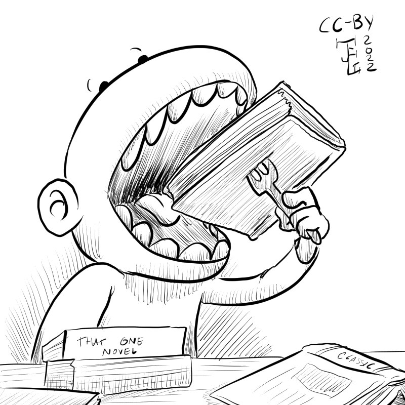 In this cartoon a weird individual is eating books with a fork.