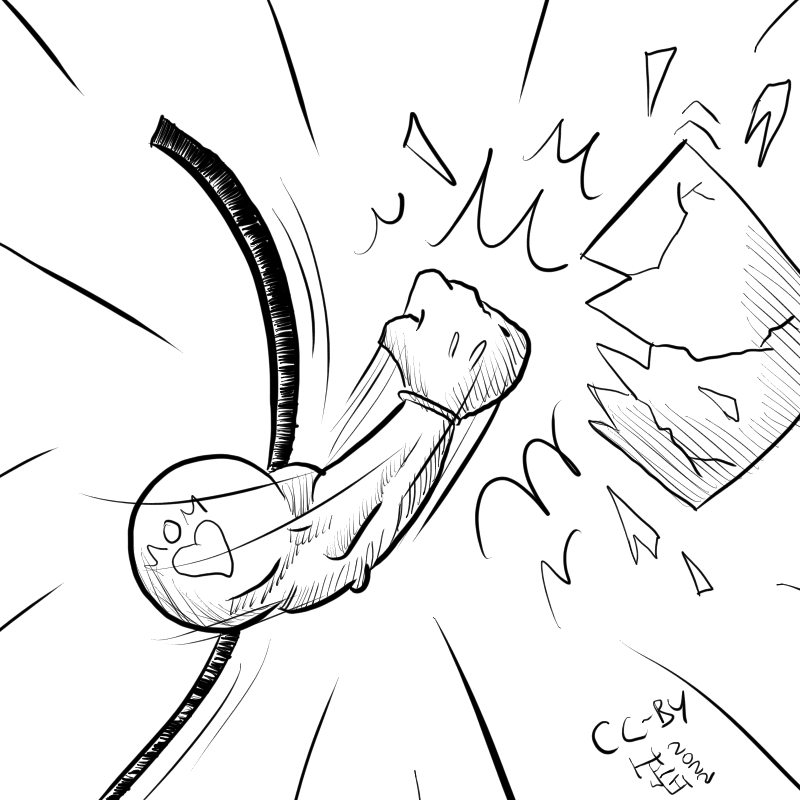 This cartoon we see a line with a very strong arm punching a square.