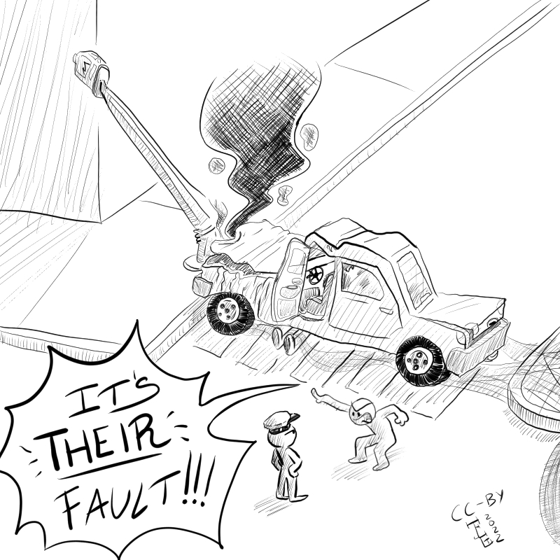 This cartoon depicts a car that crashed against a light pole and a pair of feet under it. The car is completely over a crosswalk, and the driver has stepped out and is saying to an officer, while pointing at the feet, that it is their fault.