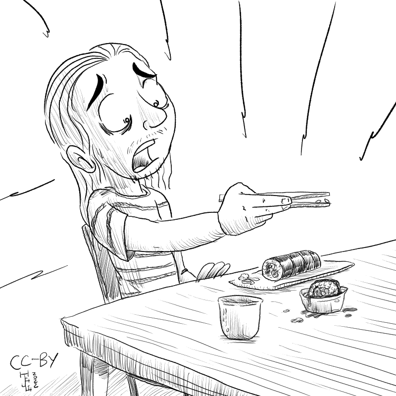 This cartoon has a person horrified because they dropped a whole sushi roll in their soy sauce.