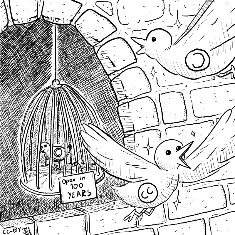 This cartoon has a bird marked with the copyright symbol staring longingly from a cage at two birds flying free, each with a Copyleft and CreativeCommons symbols on them.