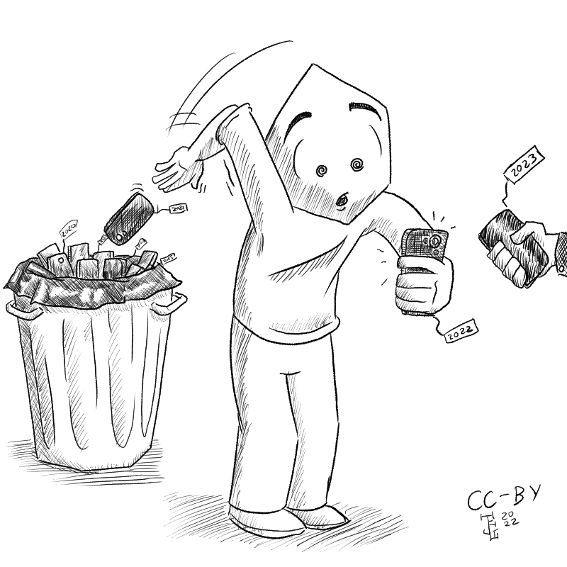 This cartoon has a person hypnotized by their phone, with a tag that says '2022'. A hand is handing them a new phone with a tag that says ' 2023'. Behind the person, as they throw another phone labeled '2021', is a garbage can filled with phones with other year tags.