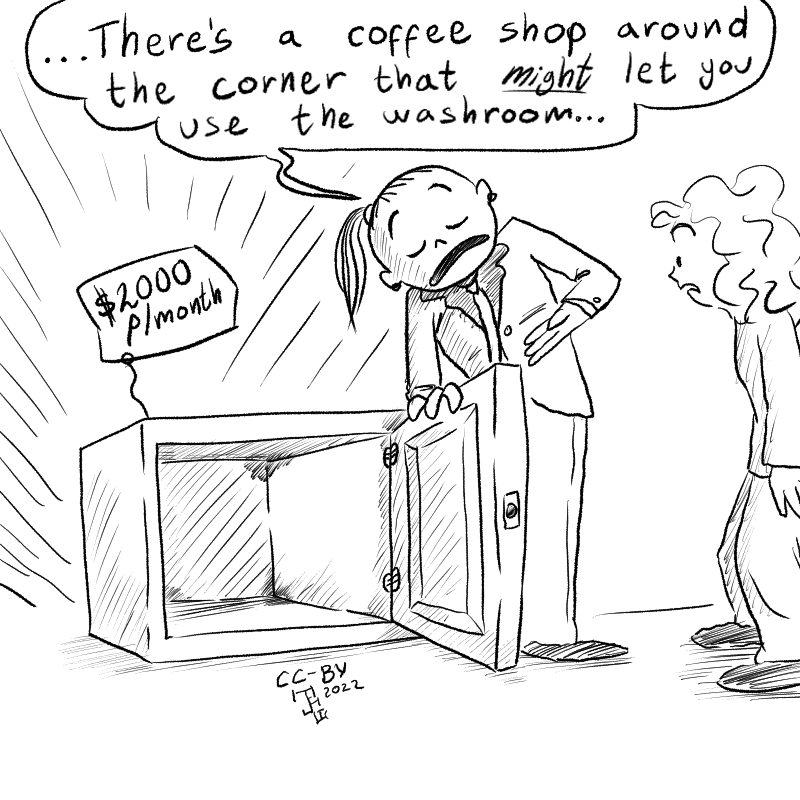 In this cartoon we see a person being shown an 'apartment': a small box. The realtor says '...There's a coffee shop around the corner that might let you use the washroom...', while the renter looks astonished.