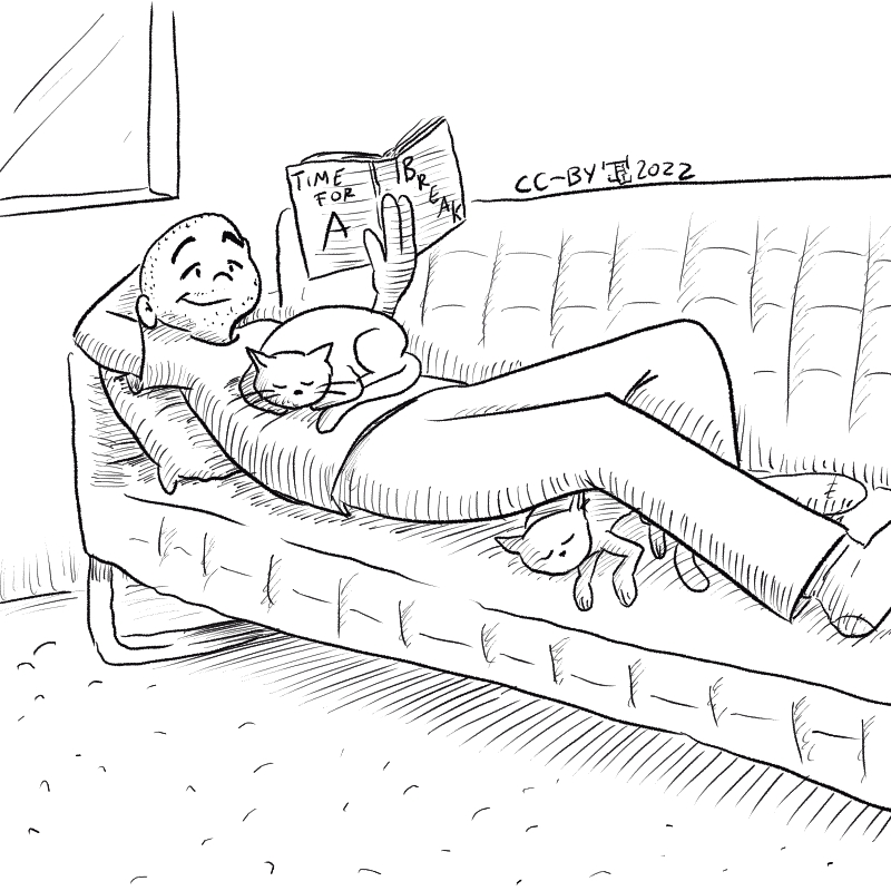 In this cartoon a bald headed man is sitting on a couch reading a book that says 'time for a break' while two cats sleep on him.