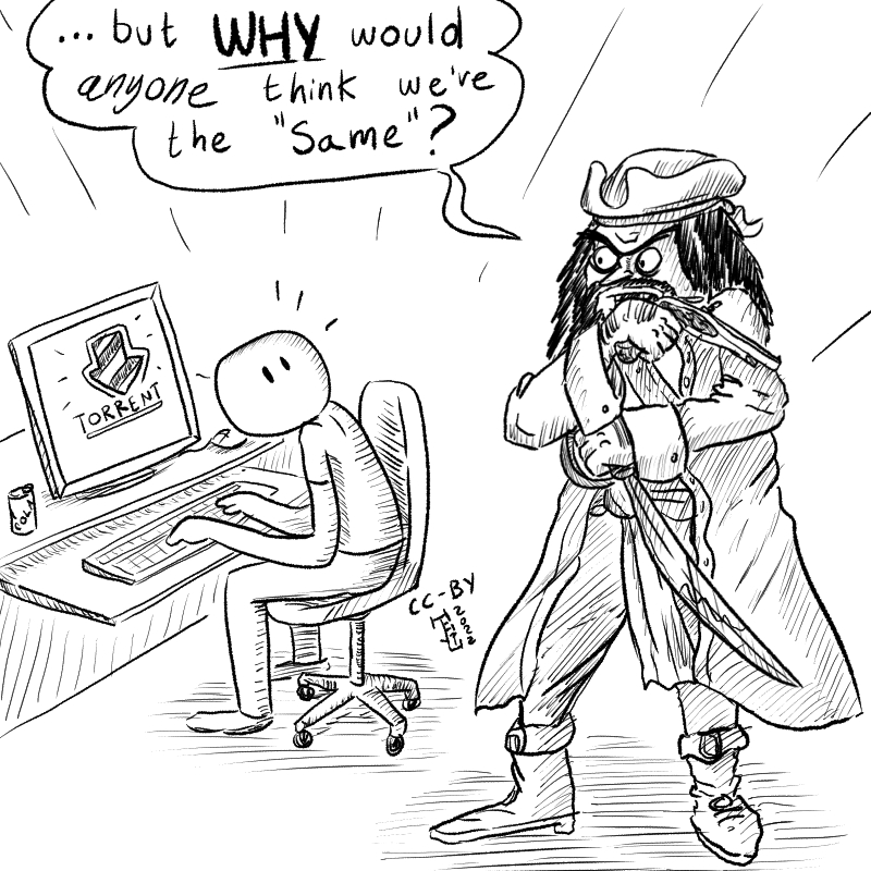 In this cartoon there's a person downloading something on their computer, while behind them a period-accurate (maybe) pirate with guns and swords wonders aloud '...but why would anyone think we're the same?'.