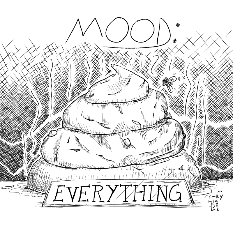 In this cartoon there's a pile of poop under letters that say 'Mood'. Under the poop there's a sign that says 'Everything'.