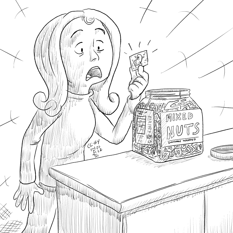 In this cartoon there's a person baffled at a bunch of individually wrapped mixed nuts.