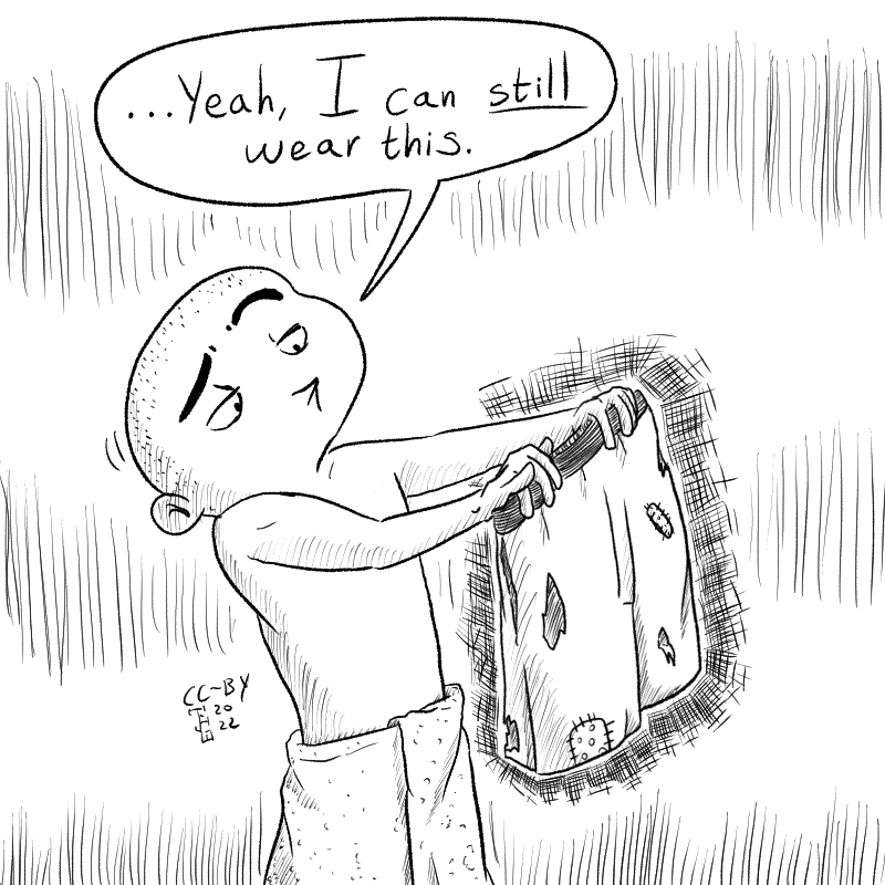In this cartoon there's a person holding up a pair of tattered, dirty boxers and saying '...yeah I can still wear this'.