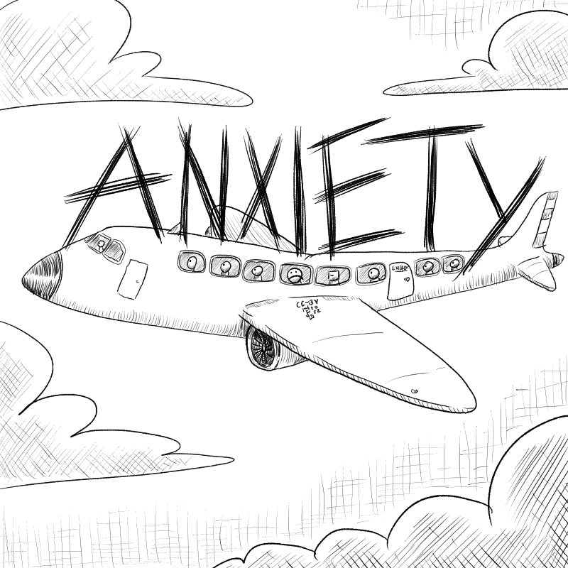 In this cartoon there's a plane with a person looking out of a window in fear. The plane is weighed down by the word 'ANXIETY'