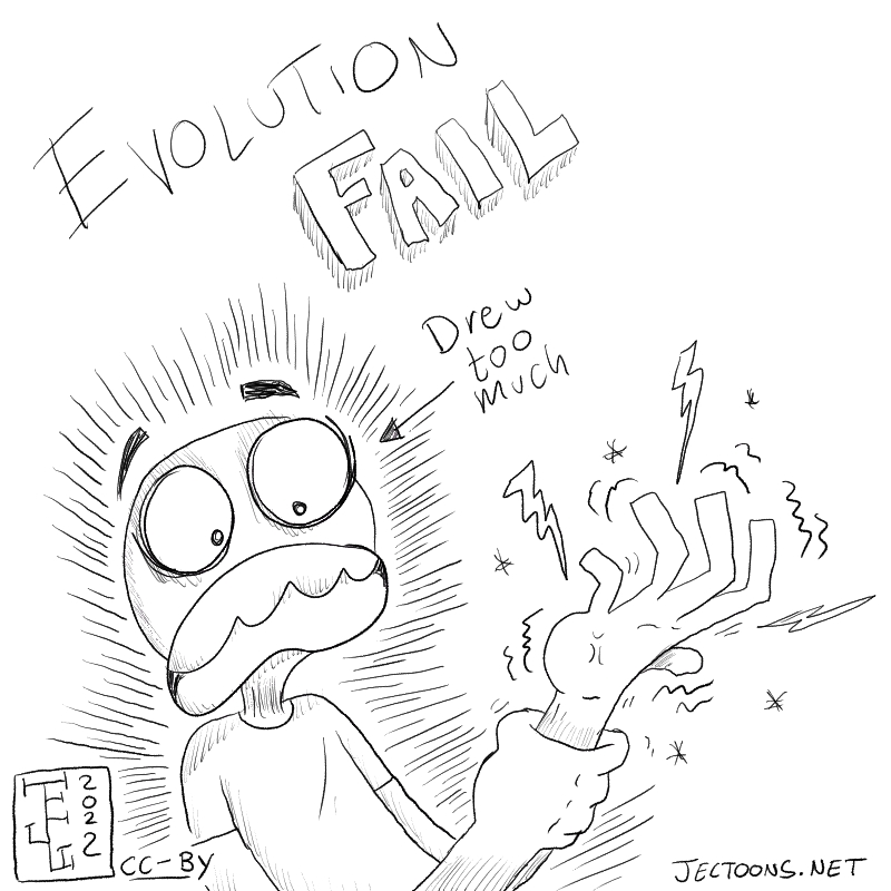 In this cartoon there's a person holding their hand in pain, which hurts from drawing too much. There's a label pointing at person that says 'Drew too much', and a title that says 'Evolution Fail'.
