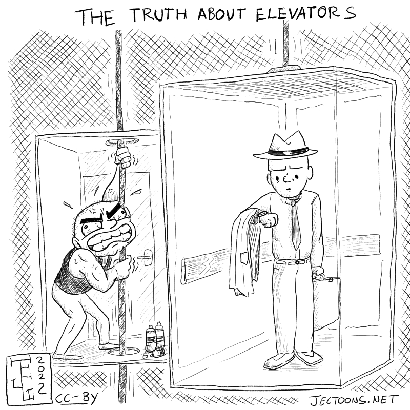 In this cartoon there's a man dressed for work looking annoyed and eyeing his watch while inside an elevator. We also see that the elevator is being operated by a very strong person in a different part of the structure. Text reads 'The Truth About Elevators'.