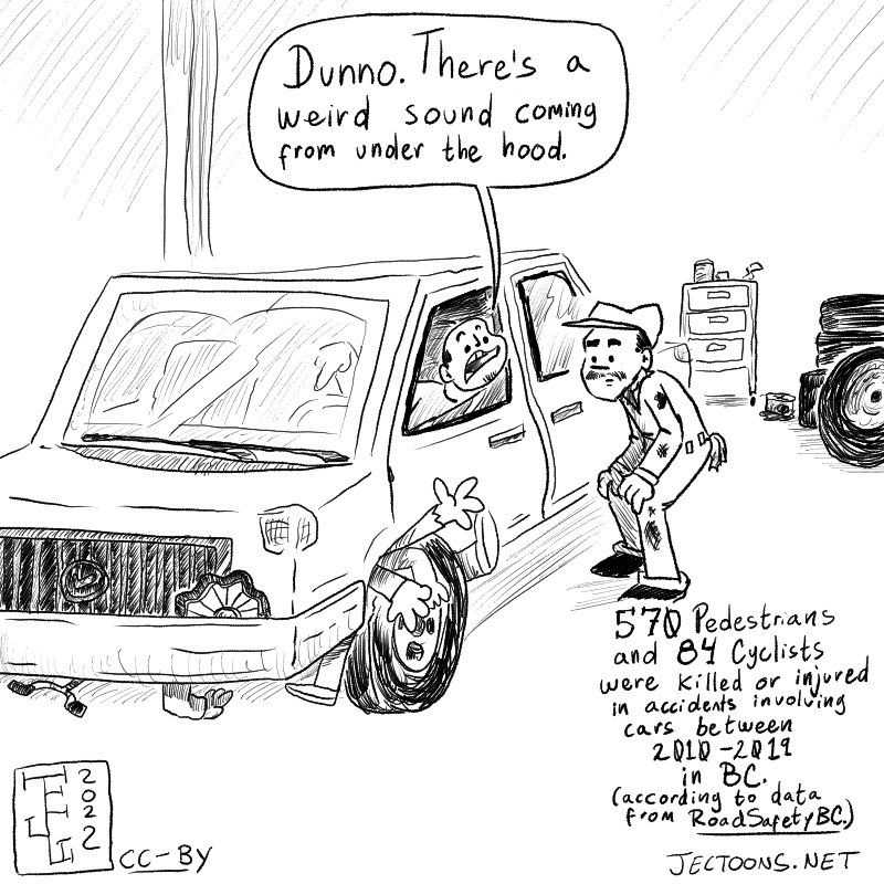 In this cartoon there's a man bringing in his car for a check-up at a shop and telling the mechanic 'Dunno. There's a weird sound coming from under the hood'. The mechanic looks at the hood and notices there's a bunch of arms, legs, and bycicle tires coimg out of it. There's some text that says '570 Pedestrians and 84 cyclists were killed or injured in accidents involving cars between 2010-2019 in BC. (according to data from RoadSafetyBC.)'