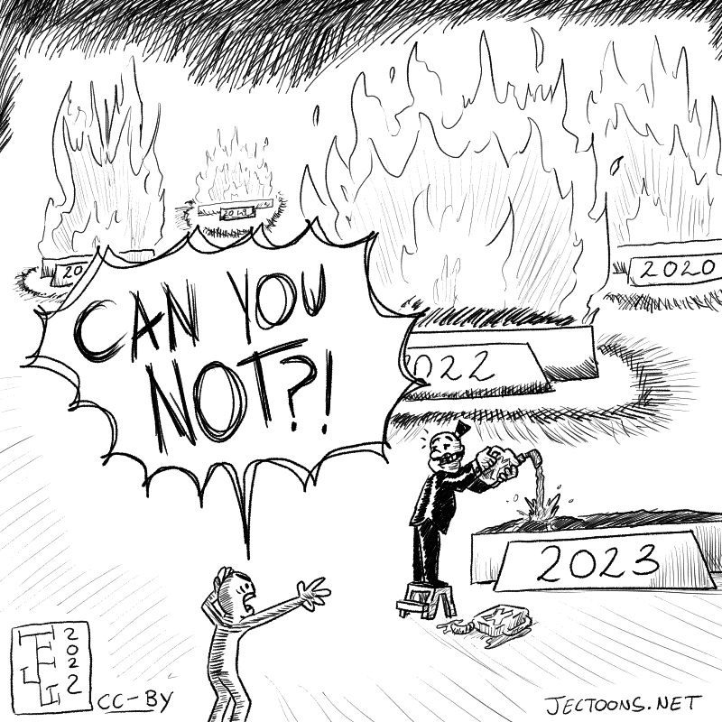 In this cartoon there's a capitalist wearing a top hat and a suit pouring gasoline on a pedestal labeled '2023', while behind him other pedestals with different years are already on fire. A person looks annoyed and concerned at him and yells: 'CAN YOU NOT?!'