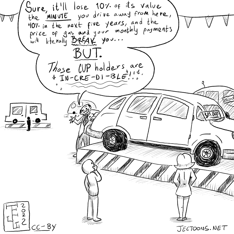 In this cartoon a car salesman is trying to sell a vehicle to a couple. He leans on the machine and says 'Sure, it'll lose 10% of its value the minute you drive away from here, 40% in the next five years, and the price of gas and your monthly payments will literally break you... BUT. Those cup-holders are in-cre-di-ble!'