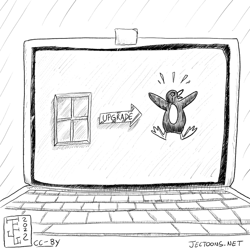 In this cartoon a laptop is upgraded from a window operating system to a penguin operating system.'