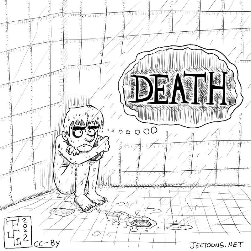 In this cartoon the same person from before is taking a shower, but this time they're crouched on the floor thinking ominously 'DEATH'