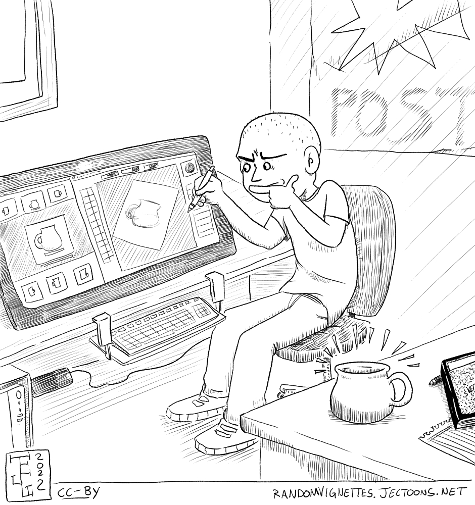 In this cartoon there's a perso drawing on the computer looking at refernce for a mug, while the exact same mug that theyre looking reference for is behind them.