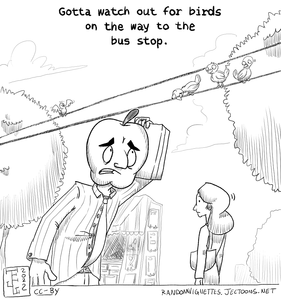 In this cartoon there's a man with an apple head called Doroteo walking on the street. He covers his head with his suitcase while some birds look at him with a lot of interest. Text reads 'Gotta watch out for birds on the way to the bus stop'.