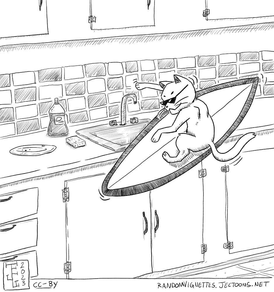 In this cartoon there's a cat literally surfing on a counter with a literal surfboard. The cat is also wearing sunglasses. Radical.