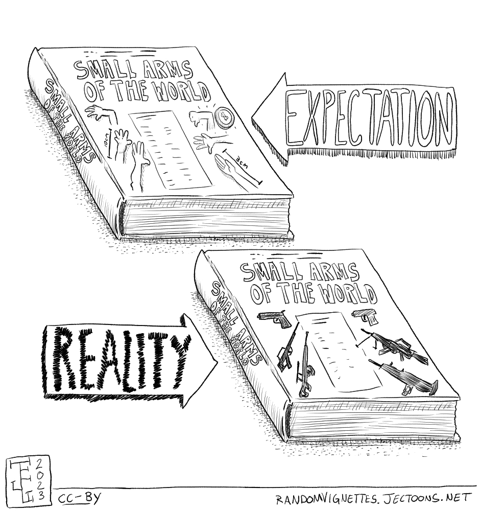 In this cartoon There's a comparison between two almost identical books titled 'Small arms of the world'. The Expectation is a book with tiny human arms. The Reality is a book with guns.