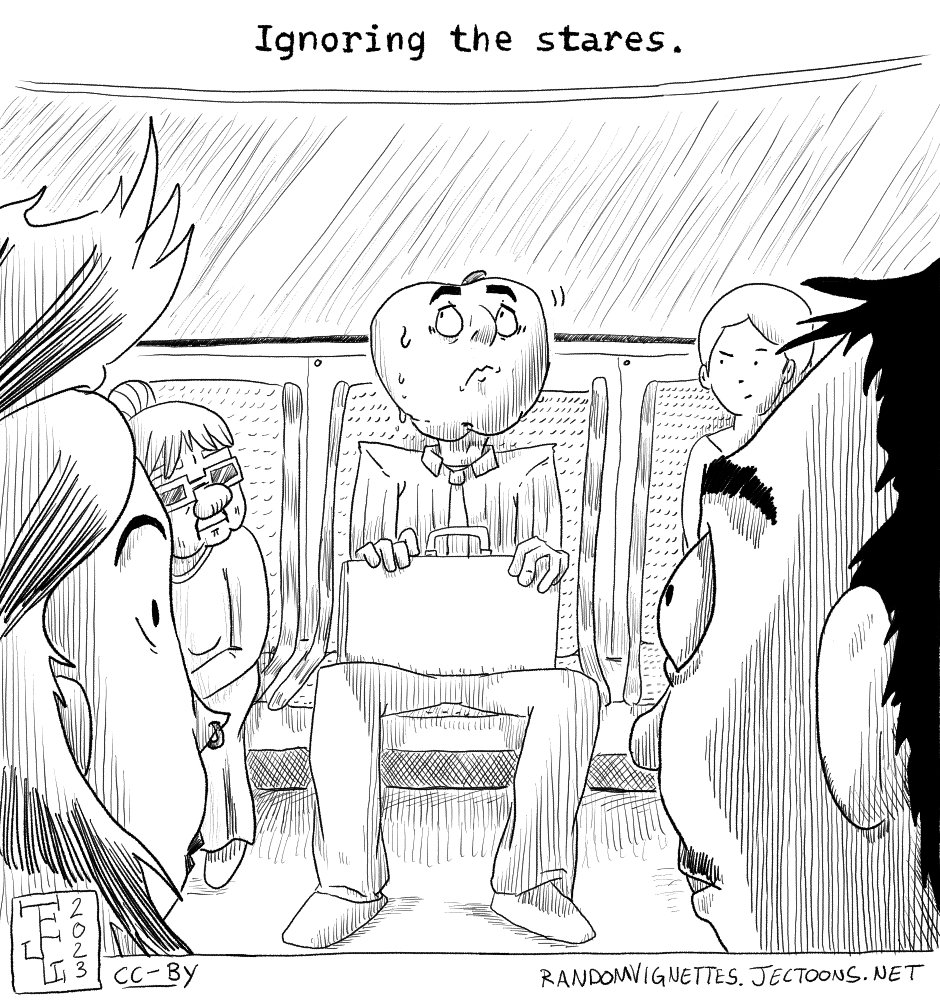 In this cartoon Doroteo - a man with an apple head - sits on the bus trying to ignore people staring at him. Text reads 'Ignoring the stares'