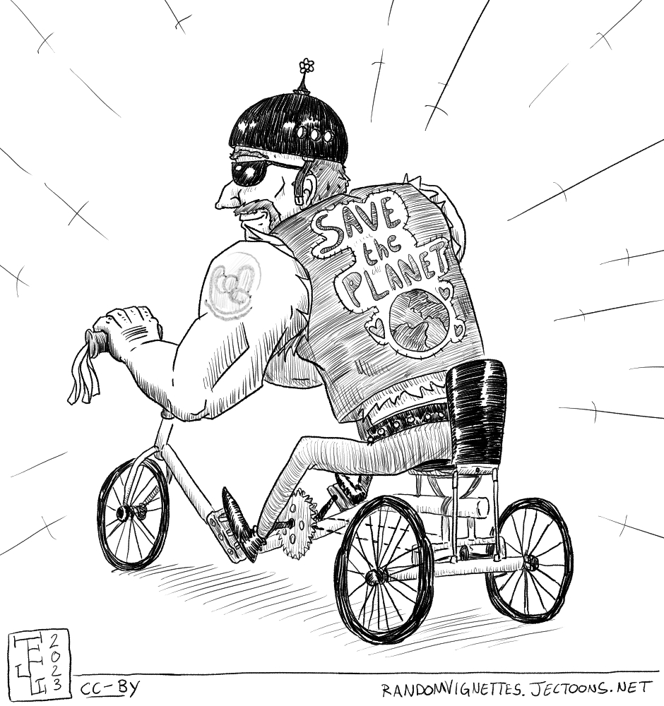 In this cartoon rough looking biker with a leather vest is on a trike, smiling. His jacket has a patch that says 'Save the Planet'.