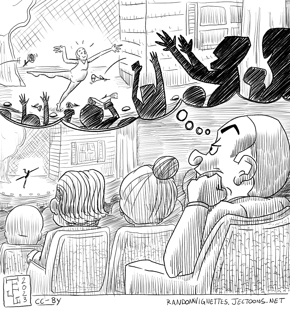 In this cartoon a person is watching a dance performance in a full theatre. The person looks bored, but they are imagining themselves as a dancer with the audience going wild.