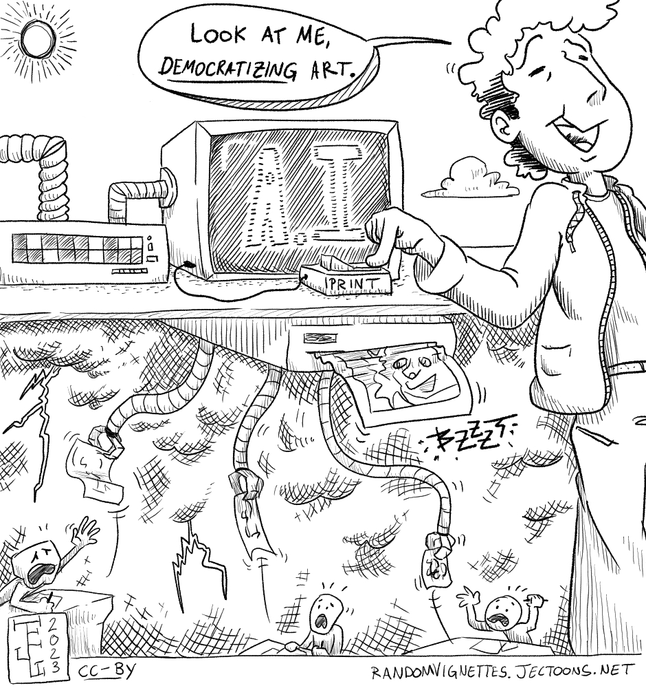 In this cartoon there's a person -- presumably a wealthy AI CEO -- hitting a button on a computer labeled A.I. They say 'Look at me, democratizing art'. The machine then starts stealing art from other people and printing a mashup of those arts.