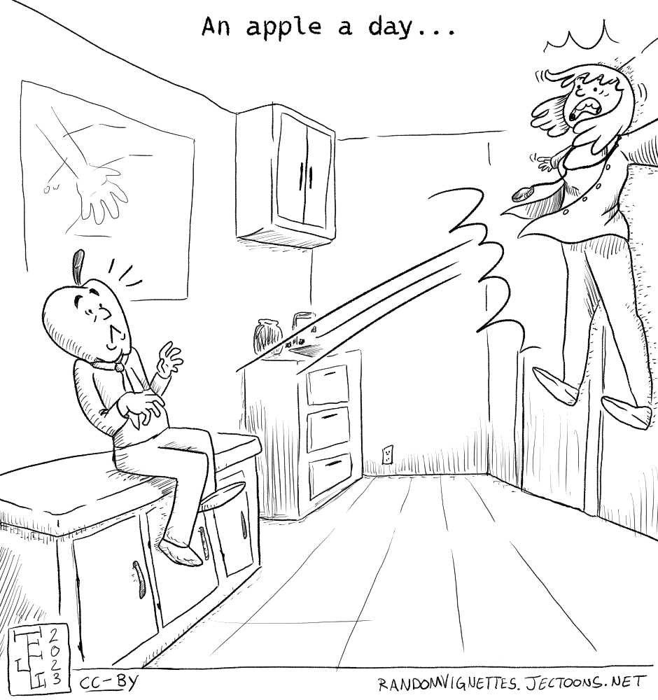 In this cartoon Doroteo - a man with an apple head - is at the doctor's office. The doctor is being pushed away by some force, to the point that she is on the other side of the room. Text reads '...an apple a day...'. Doroteo seems surprised.