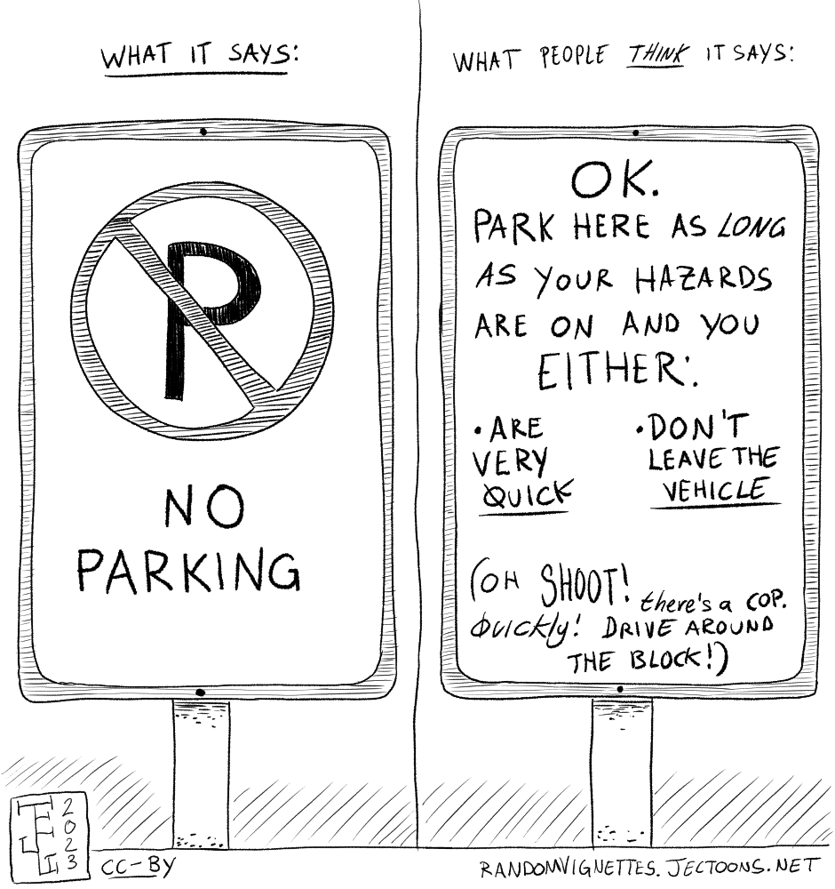 This cartoon is divided in two. They both show 'No Parking' signs. The left side is labeled 'What it says', and has the normal sign, with a P crossed off inside a circle, and text that reads ' No Parking'. The right side is labeled 'What people think it says'. The sign says 'OK. Park here as long as your hazards are on and you either: Are very quick ; Don't leave your vehicle. (Oh shoot! There's a cop. Quickly! Drive around the block!'