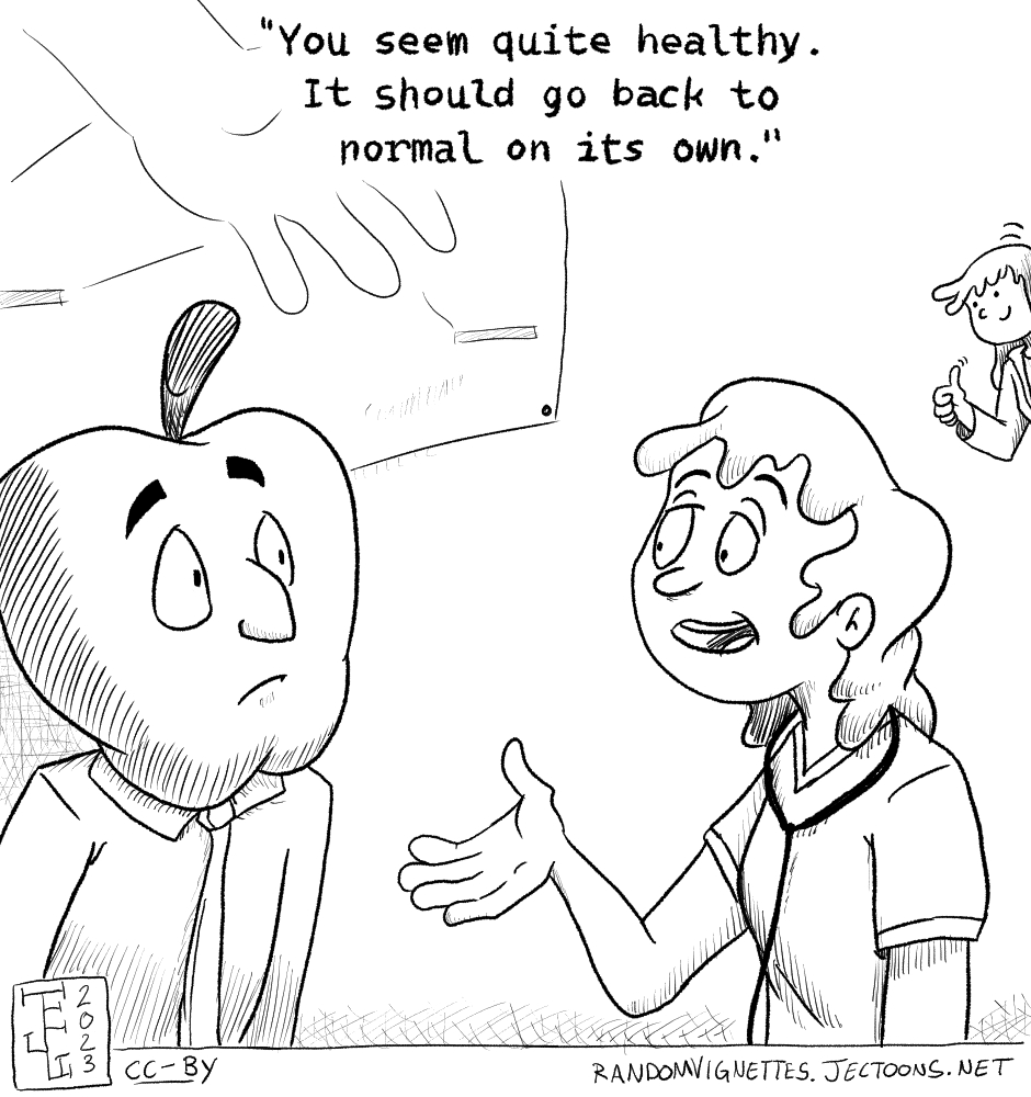 In this cartoon Doroteo - a man with the an apple head - is at the doctor's office. While the doctor looks from afar, a helpful nurse tells him 'You seem quite healthy, it should go back to normal on its own'.