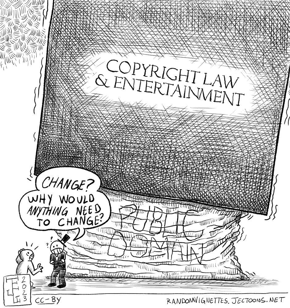In this cartoon we see a huge solid block labeled 'COPYRIGHT LAW & ENTERTAINMENT' squishing another mass labeled 'PUBLIC DOMAIN'. A capitalist stands befuddled with their back to this, talking to another person who is concerned about the public domain squishing. The capitalist says ' Change? Why would anything need to change?