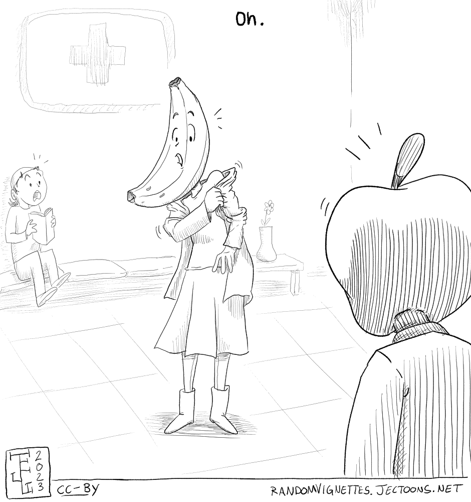 In this cartoon Doroteo, a man with an apple head, is leaving the doctor's office, and stumbles upon Alicia, a woman with a banana head. A person in the background seems surprised. Text on top of cartoon reads 'Oh'.