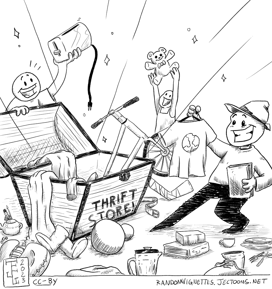 In this cartoon there's a few people getting a bunch of really cool stuff from a chest that reads ' Thrift Store'