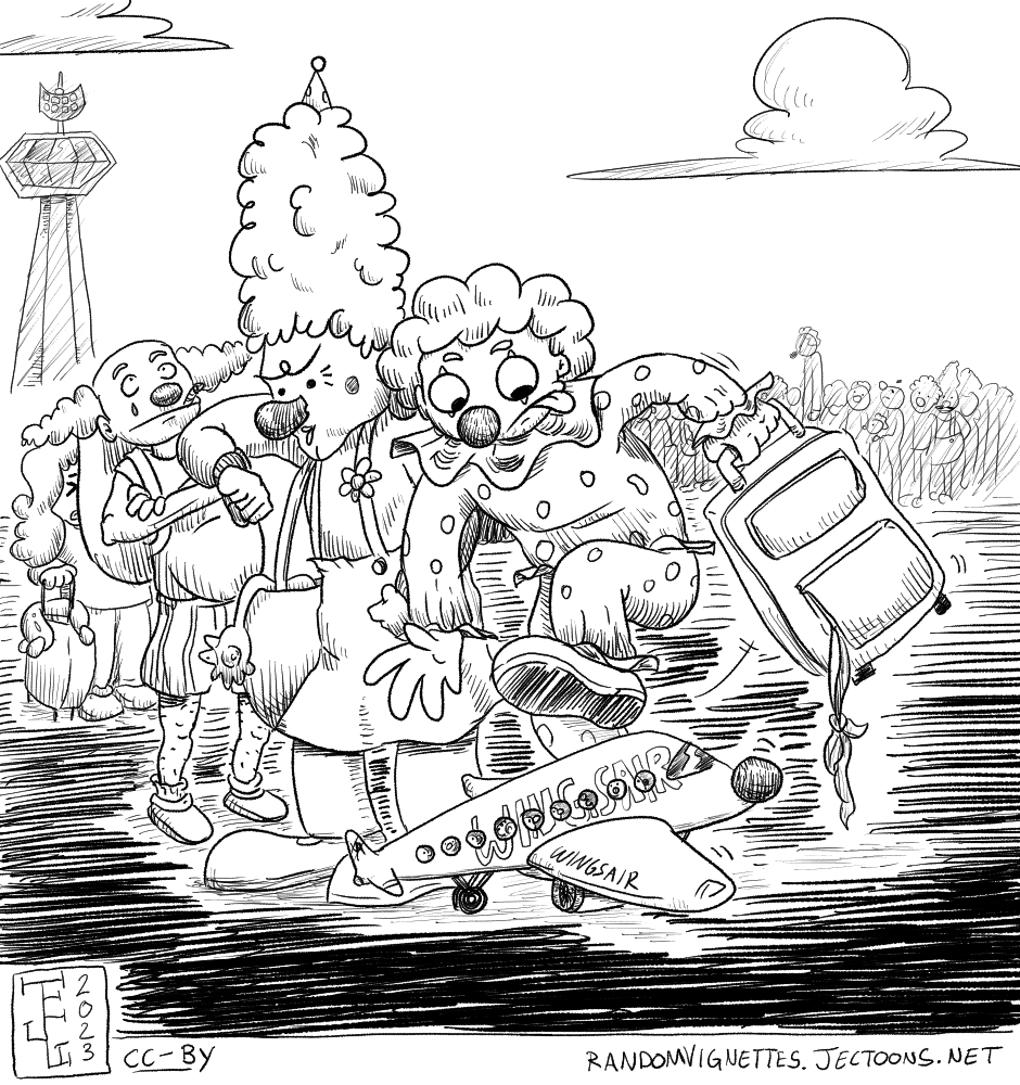 In this cartoon we see long line of clowns boarding a tiny plane on the tarmac.