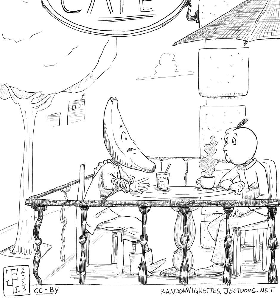 In this cartoon we see Doroteo, a man with an apple head, having coffee with a woman with a banana head, whose name is Alicia.