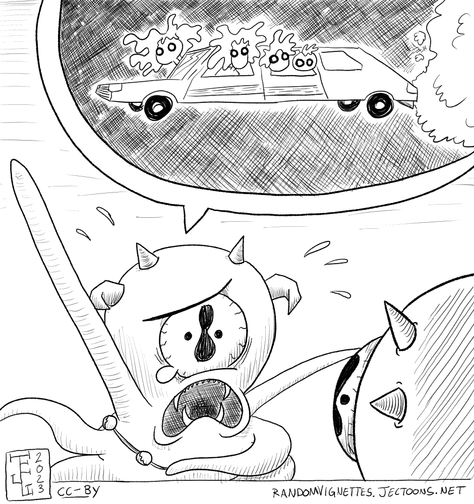 In this cartoon there's a scared alien with one eye and tentacles telling another alien about a thing they saw on the sky. They saw what looks like a stationwagon with weird looking human things peeking out of the windows.