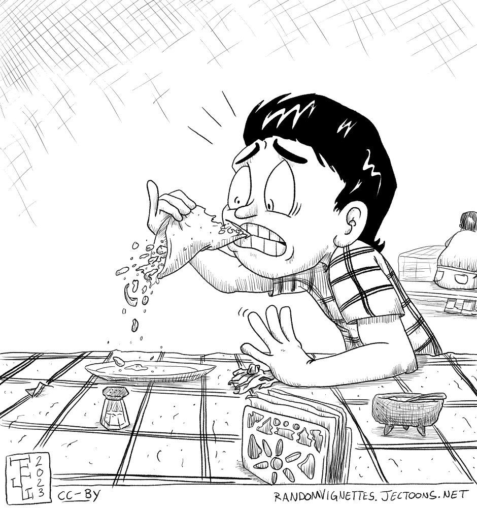 In this cartoon a person is eating a taco and when they bite into it all the contents spill out on the other side.