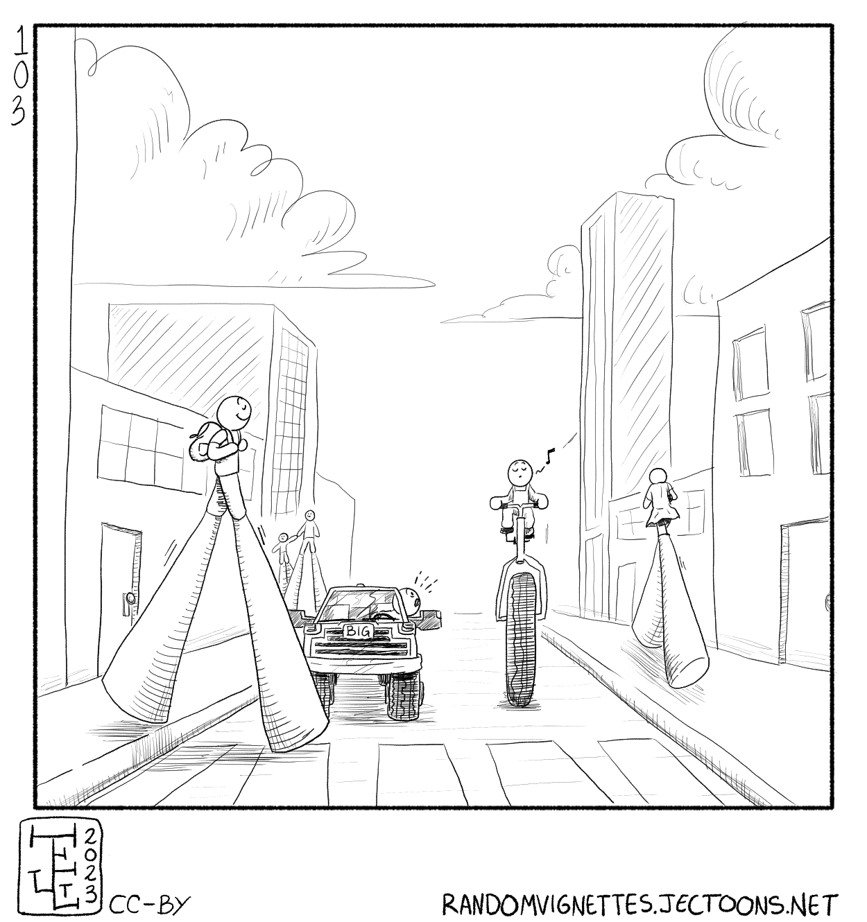 In this cartoon a driver in a huge truck is surprised to see pedestrians and cyclists in huge stilts/bikes.