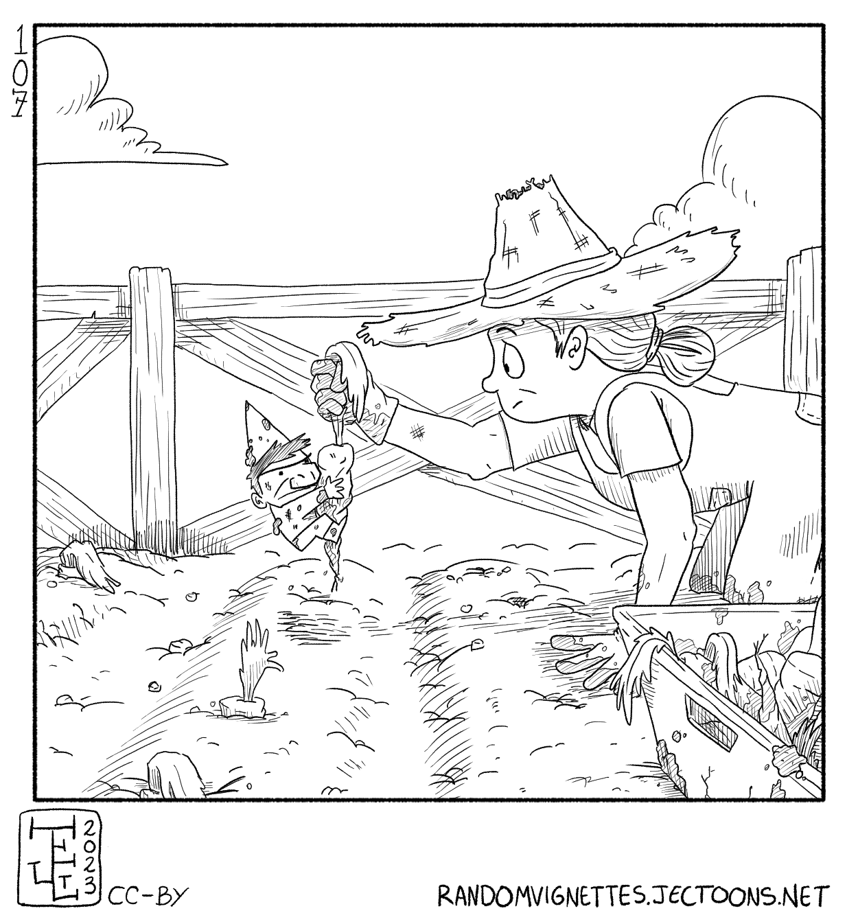 In this cartoon a farmer pulls out a carrot that has a gnome attached to it, and looks befuddled.