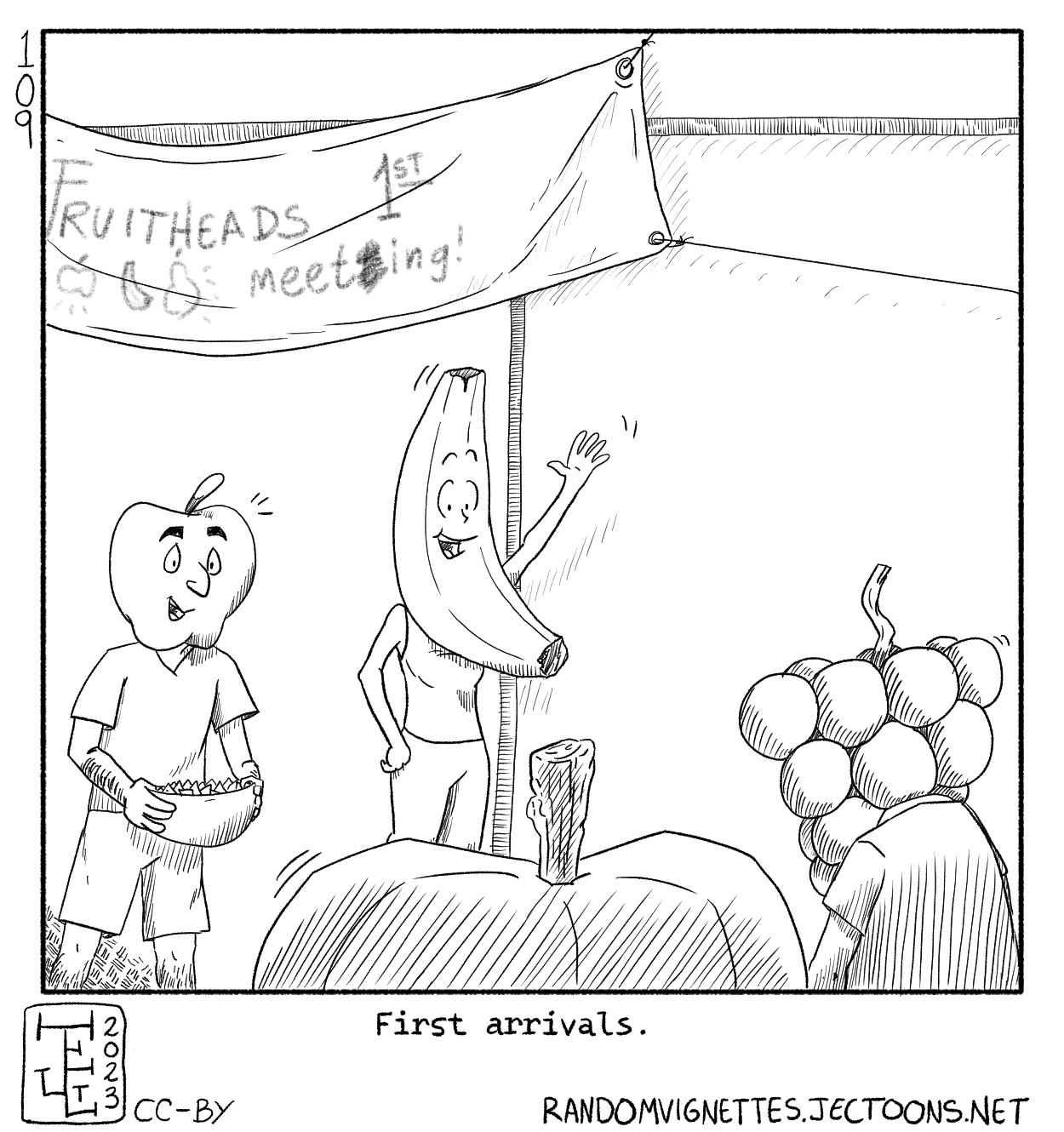 In this cartoon Doroteo, who has an apple head, and Alicia, who has a banana head, greet a couple of other fruit heads: One has a grape head and the other a pumpkin head.