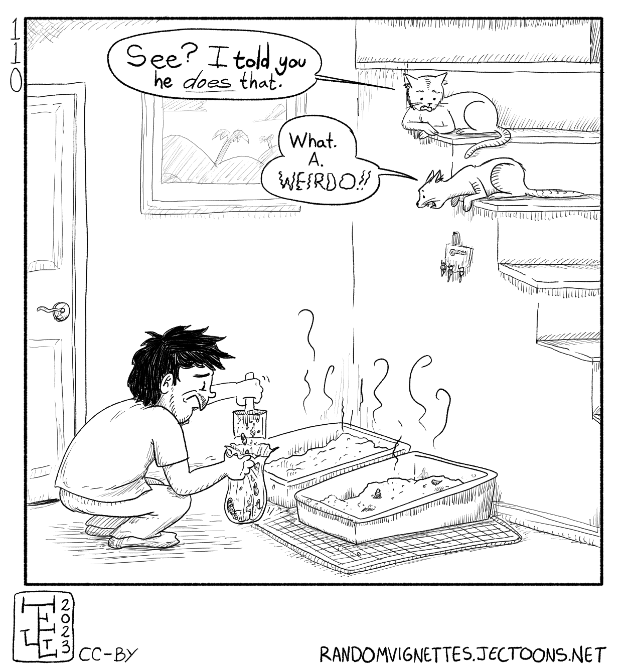 In this cartoon two cats sit on the stairs chatting with one another. They are looking at the cat guardia cleaning up their litter box. Cat 1 says 'See? I todl you he does that'. Cat 2 says 'What a weirdo!'