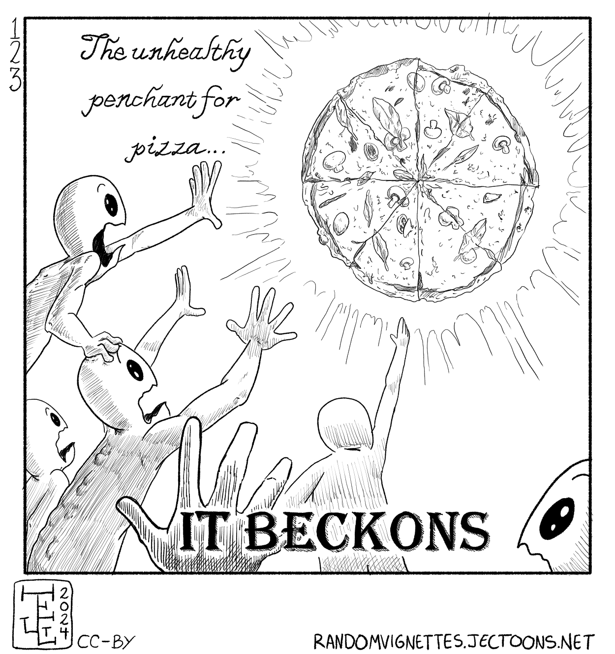 In this cartoon a group of starving-looking humanoid creatures reach for the light of a pizza, shining and floating in the sky.