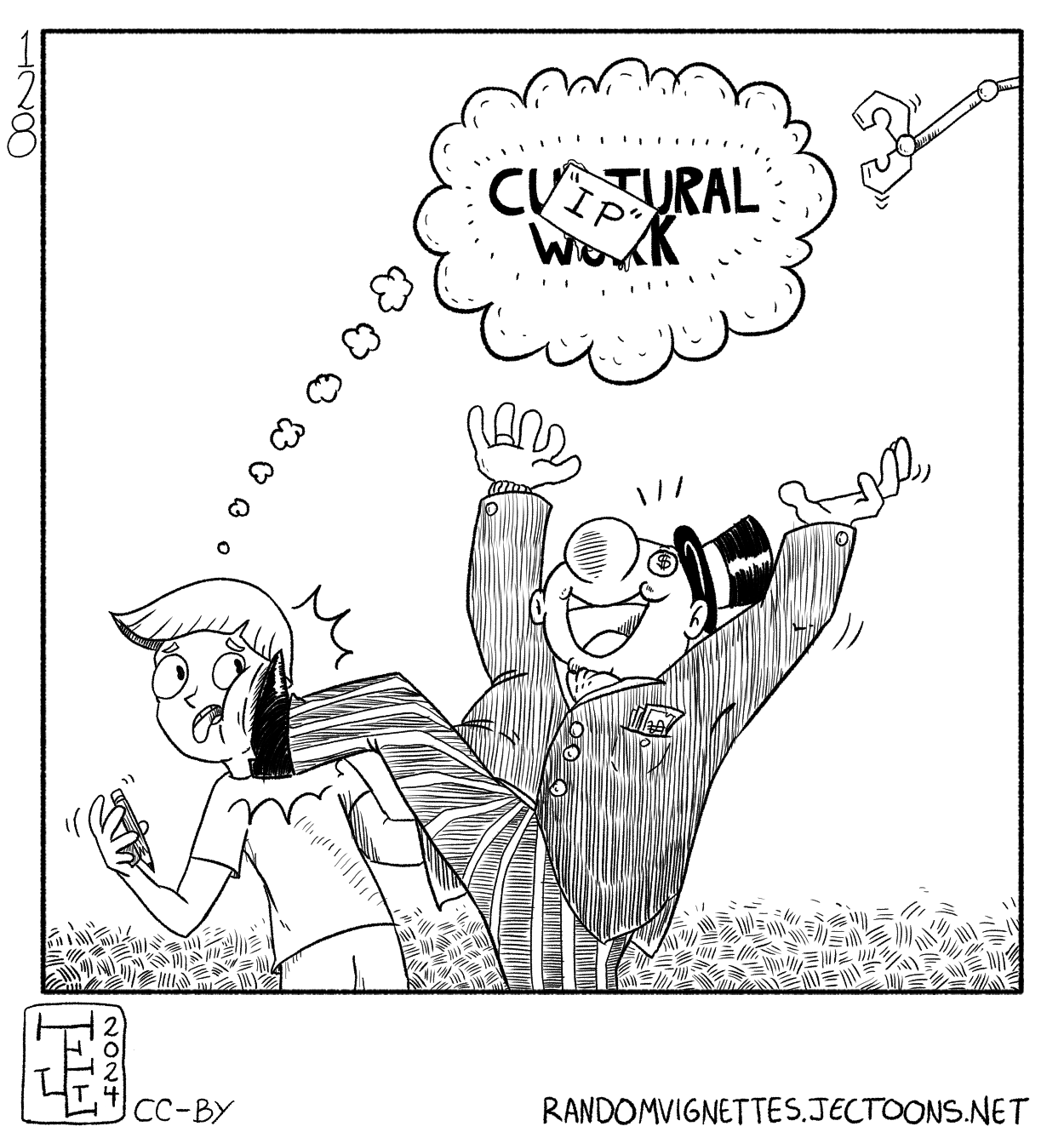 In this cartoon a capitalist is reaching for a creative's thought bubble. The bubble originally had written in it 'Cultural Work', but it now has 'IP' stamped over it. The capitalist is kicking the creative in the face, since they only care for the IP and not the person(s) behind it.