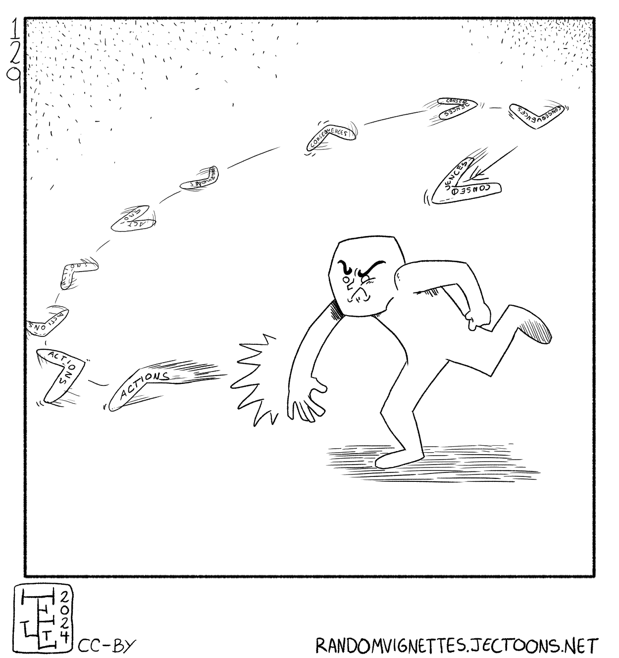 In this cartoon an individual is throwing a boomerang labeled 'actions', and it comes back at them from behind while labeled 'consequences'.