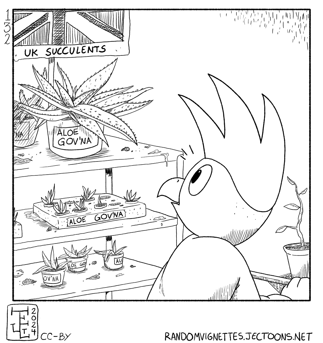 In this cartoon an anthropomorphic bird, Ralph, is buying plants when he stumbles upon a shelf that says 'UK SUCCULENTS', which are all labeled 'Aloe Govnor'.