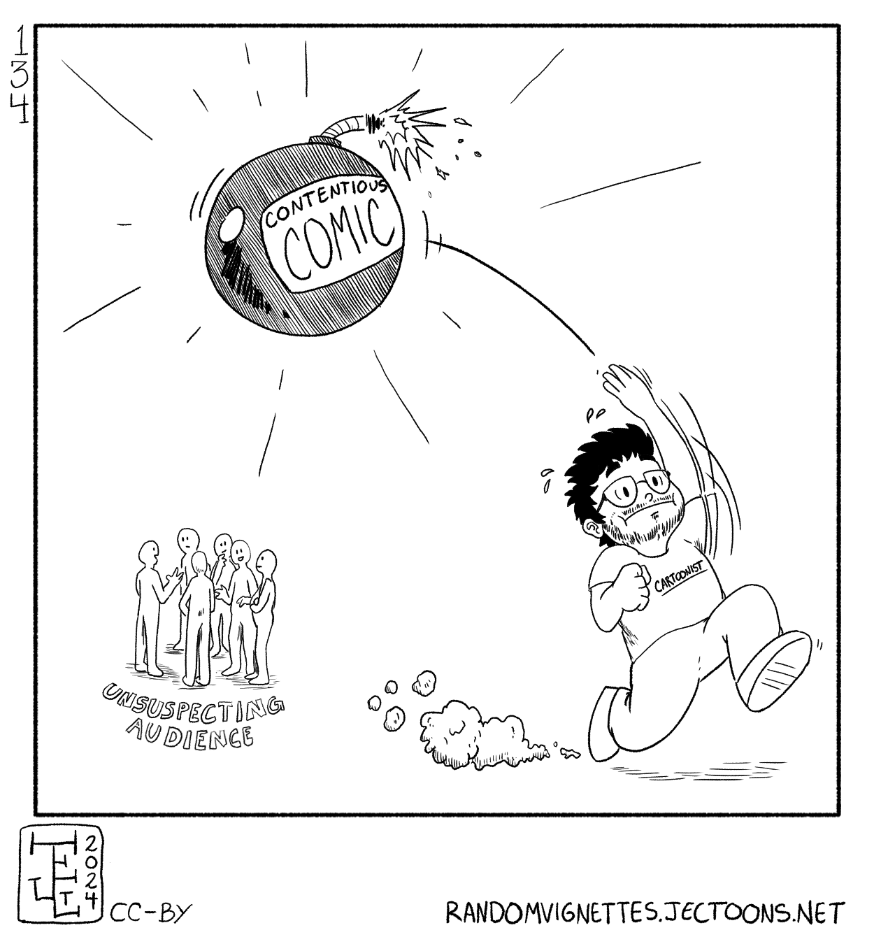 In this cartoon the author is portrayed running past an 'unsuspecting audience' and throwing a 'contentious comic' bomb at them.